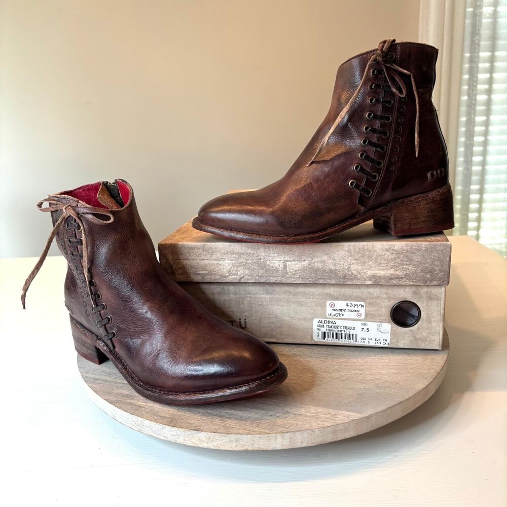 Bed Stu Aldina Womens 7.5 Teak Rustic Brown Leather Lace Zip Ankle Boots